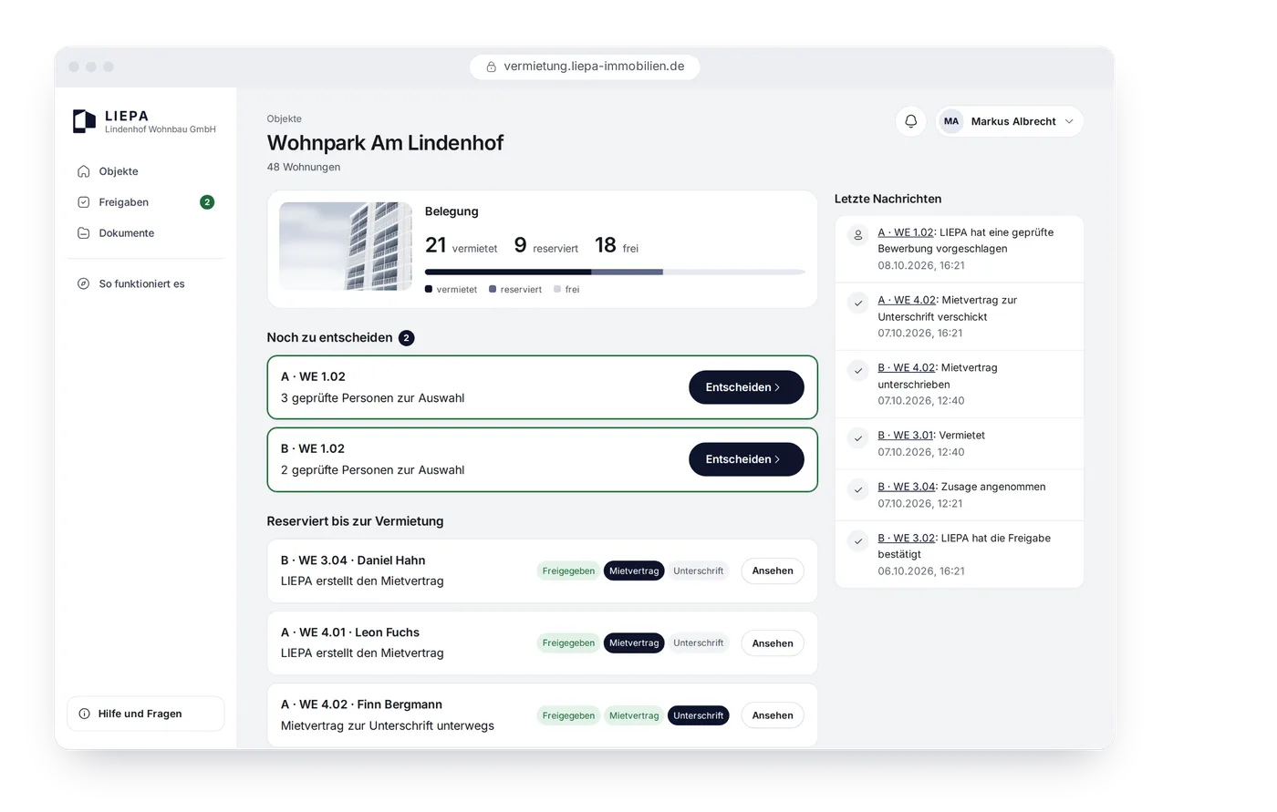 Eigentümerportal im Browser: Projekt mit Belegung, offenen Entscheidungen und dem Stand jeder reservierten Wohnung